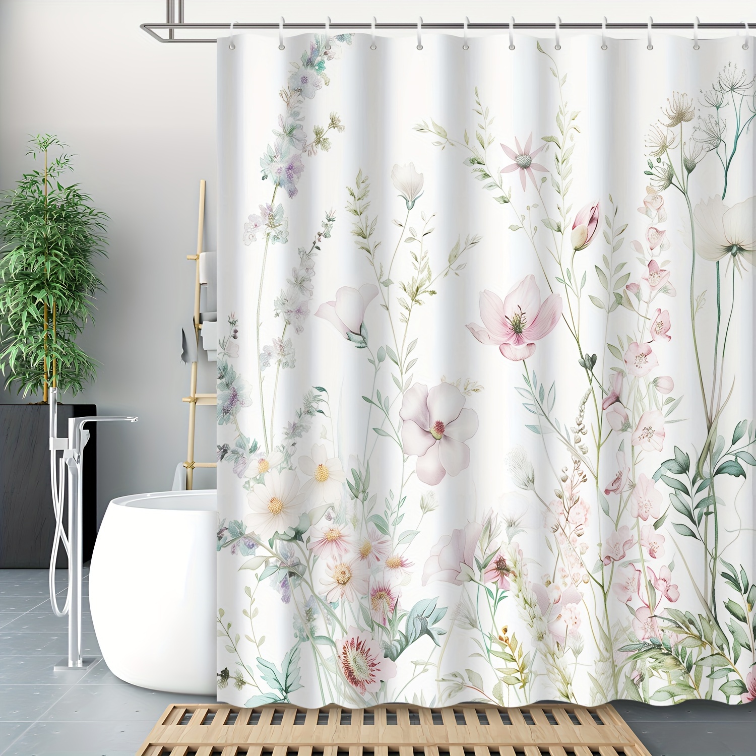 

1pc Floral Watercolor Shower Curtain, Modern Botanical Print, Waterproof Fabric, Bathroom Decor, 72x72 Inches, With 12 Hooks For Home, Apartment, Hotel