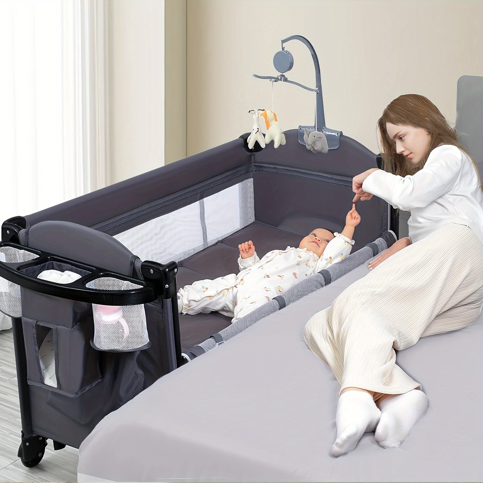

5 In 1 Bedside Sleeper, With Diaper Changer, Blackout Cover, Mattress, Music, Bedside With Storage, Playard