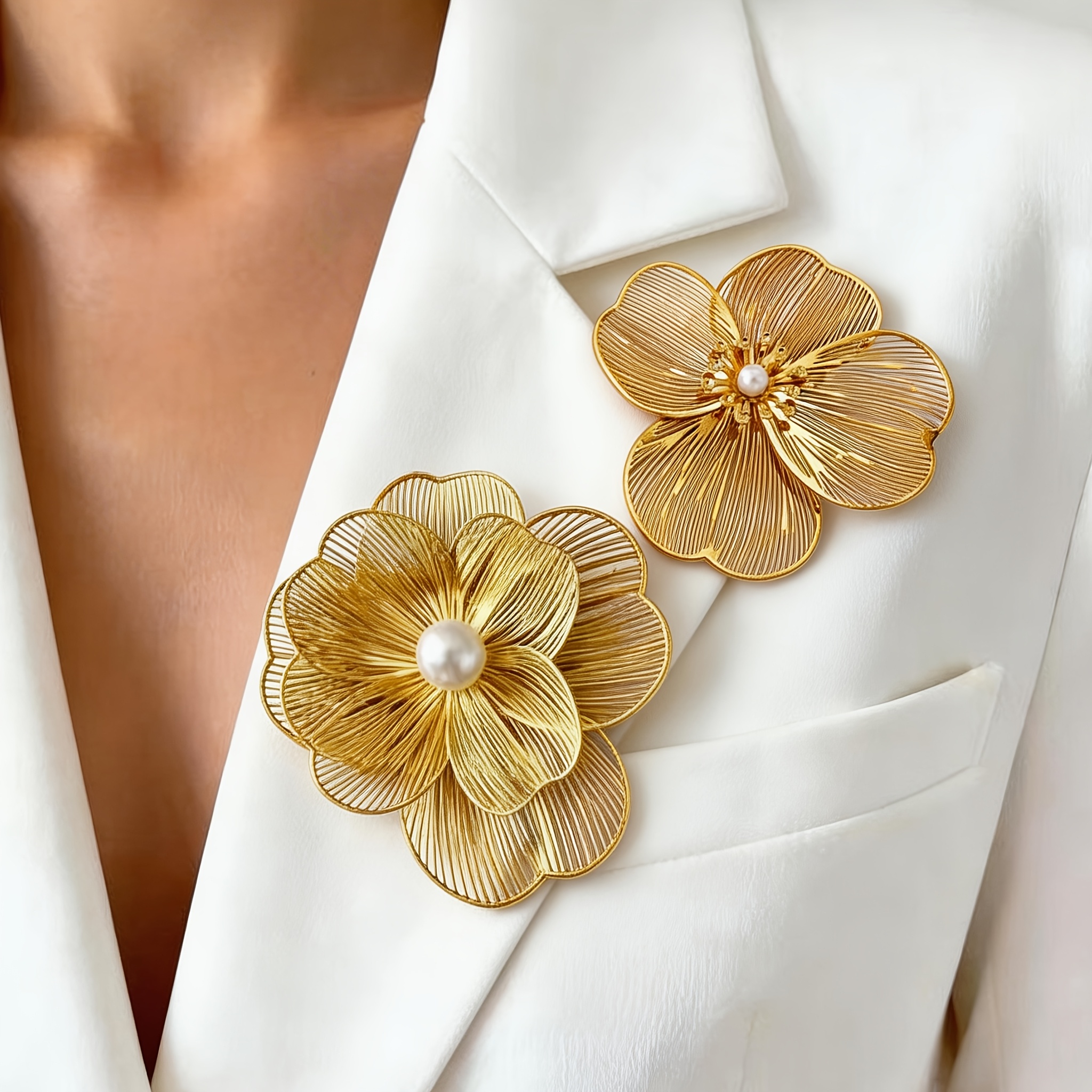 TEMU 2pcs Set / Stylish And Elegant High-end Geometric Cut-out Metal Polished Flower-shaped Brooch, Elegant And Light Luxury, Suitable For Daily