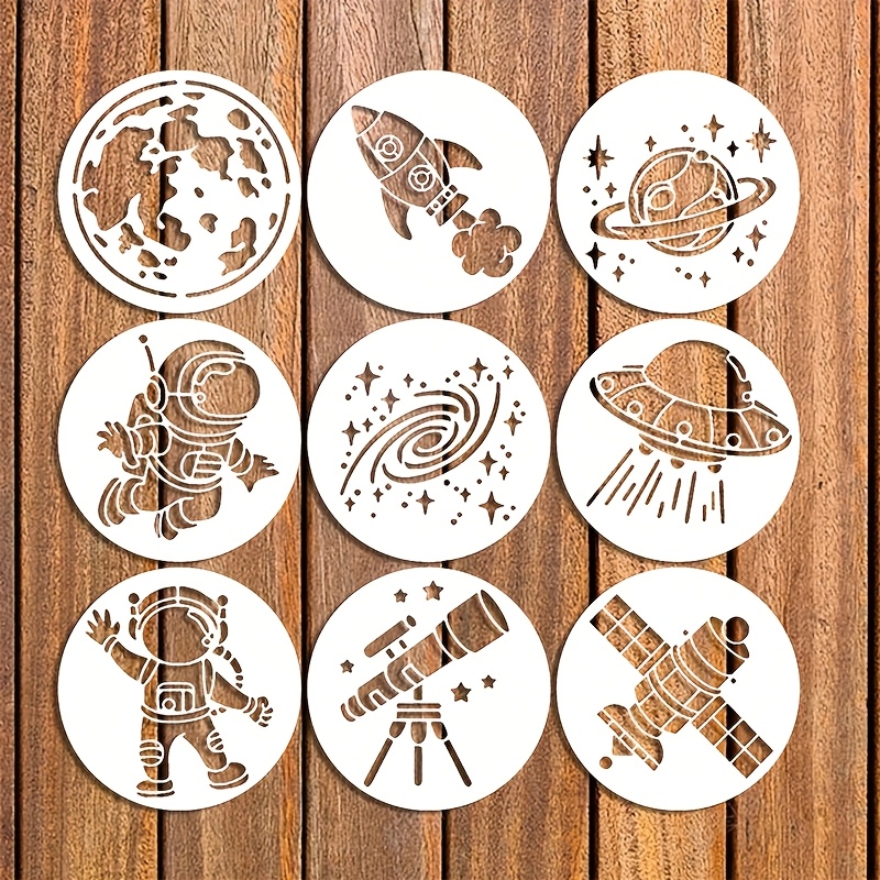 E-shop 9 Astronauten Schablonen Sets - 6.04X6.04 Zoll Weltraum Reise Schablonen mit Planeten, Sternen und Raketen - Robuste Kunststoff Bastelschablonen