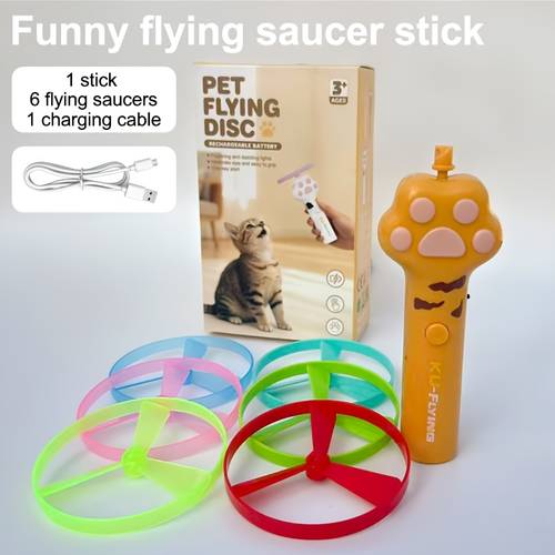 electric cat wand toy ufo flying disc interactive kitten toy with 6pcs flying saucer indoor outdoor use to relieve pet boredom exercise all