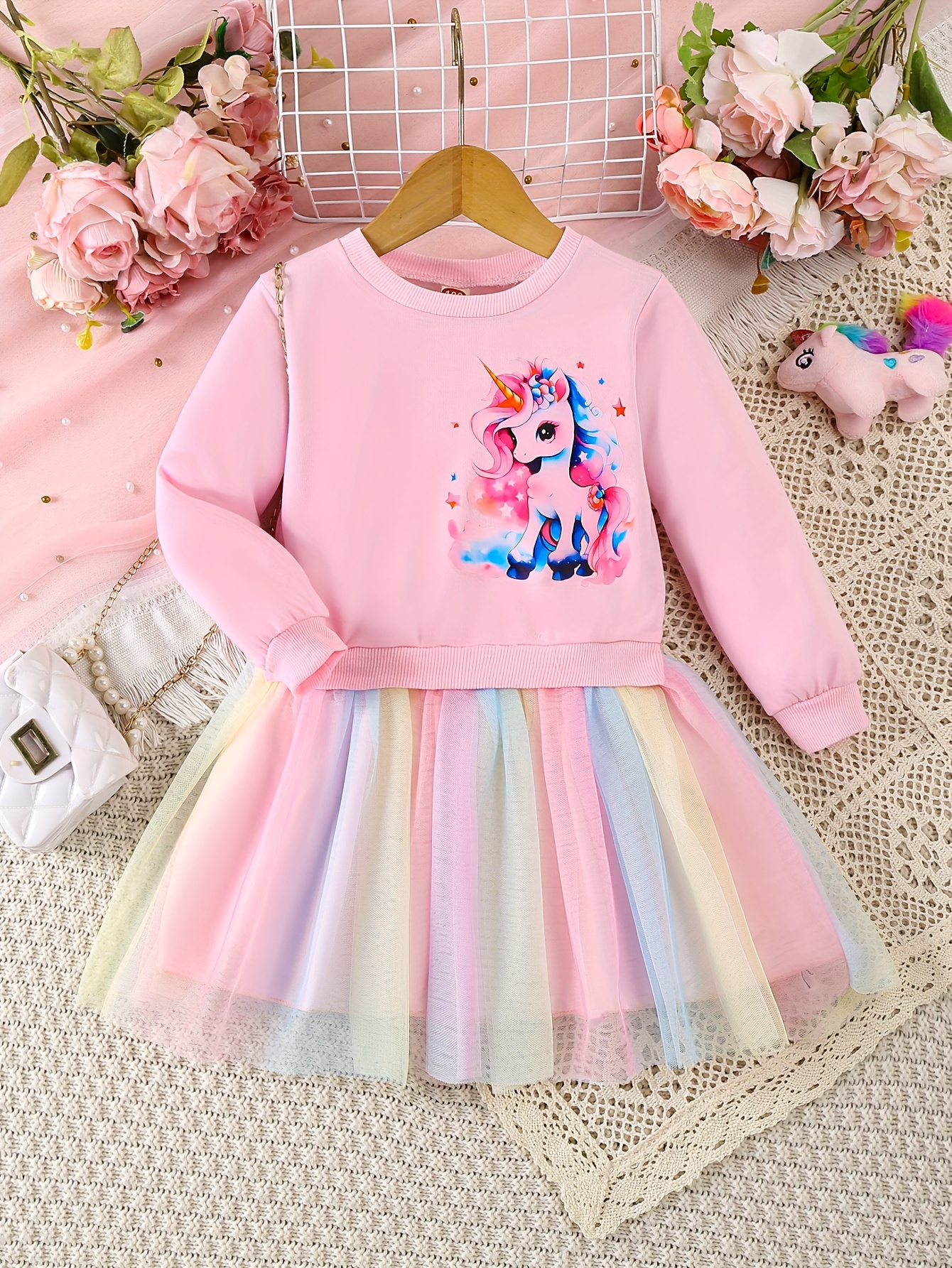 item picture girls spring autumn style girly unicorn dress baby cartoon  ow mesh skirt long sleeve girl mesh princess dress
