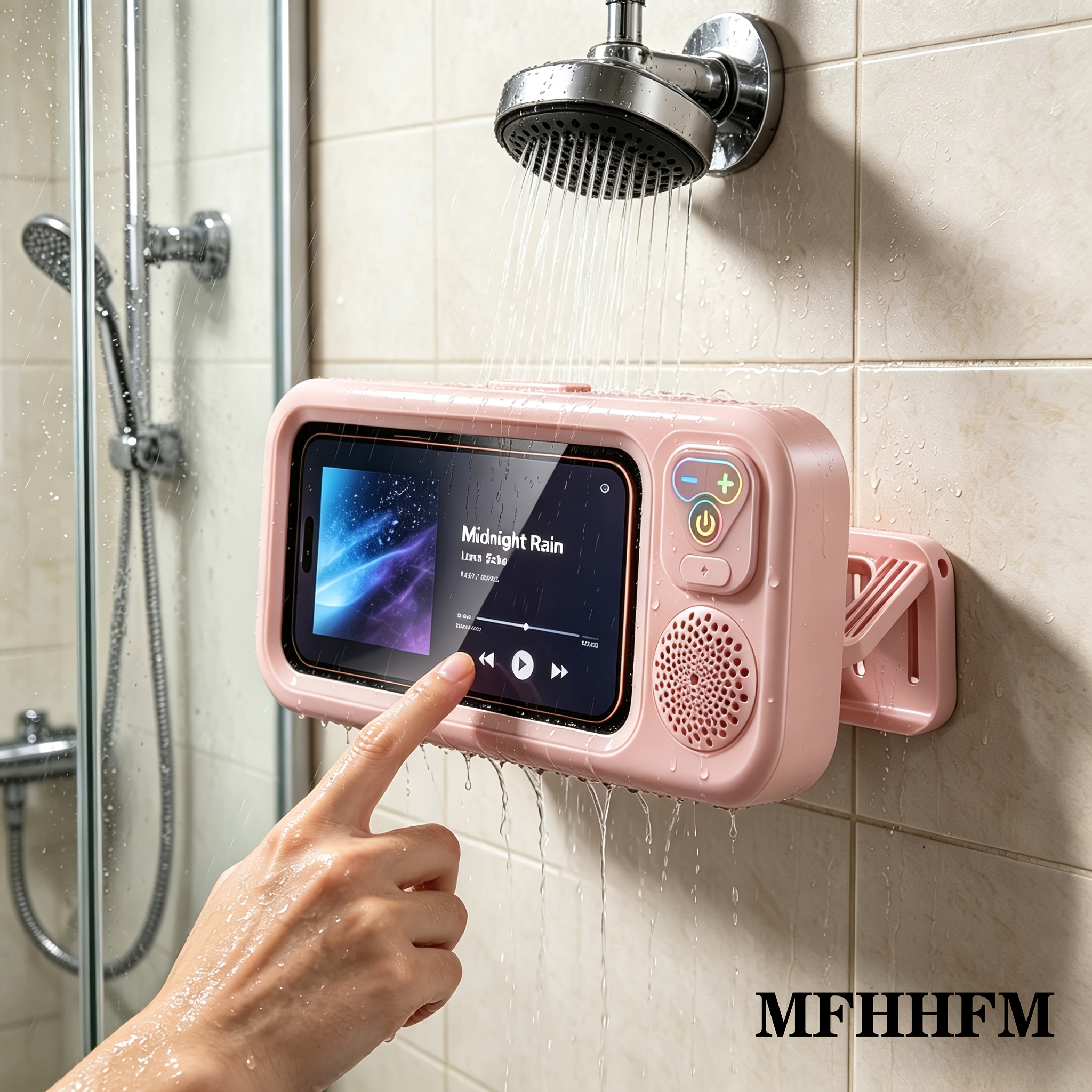 Wireless-Compatible Speaker with 360° Rotating Stand, Shower TV-Phone Mount for Video Viewing, Music & Calls in Bathroom, Kitchen & Pool, Wireless Speaker
