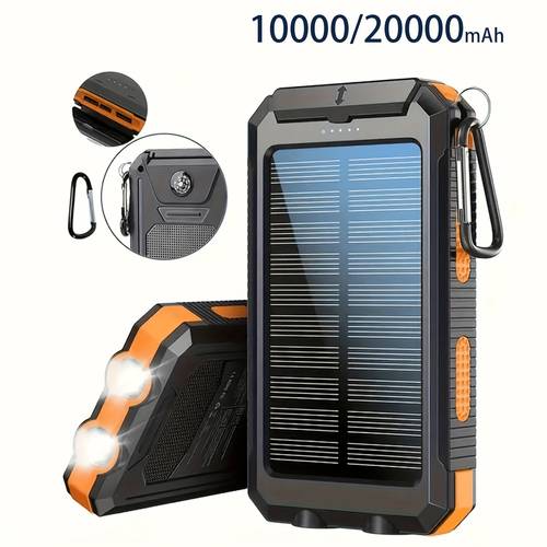 10000 20000mah portable solar power bank portable solar mobile phone charger camping external battery charger for mobile phones 2 usb led flashlights with compass for outdoor activities