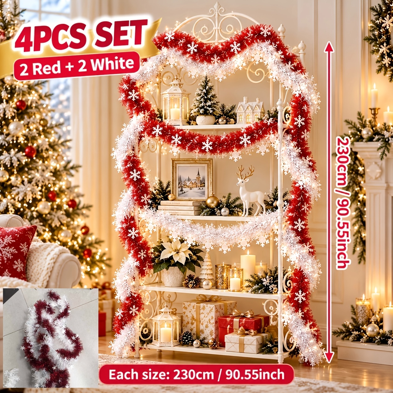 TEMU 90.55 Inches (4pcs Set = 2 Red And 2 White) Christmas Hanging Metallic Foil Decorations, Sparkling Metallic Foil With Snowflake Elements, Fluffy