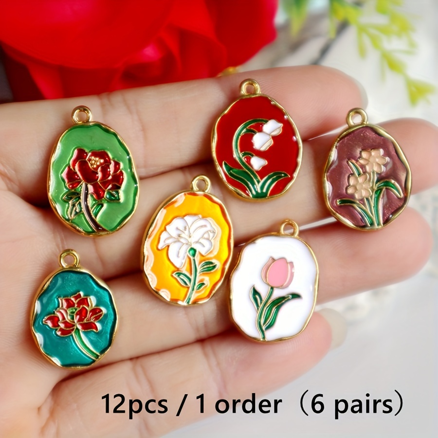 E-shop 12-teiliges Set Vintage Blumen-Anhänger aus Legierung für Muttertag/Valentinstag – Rosen, Magnolien, Tulpen, Chrysanthemen,