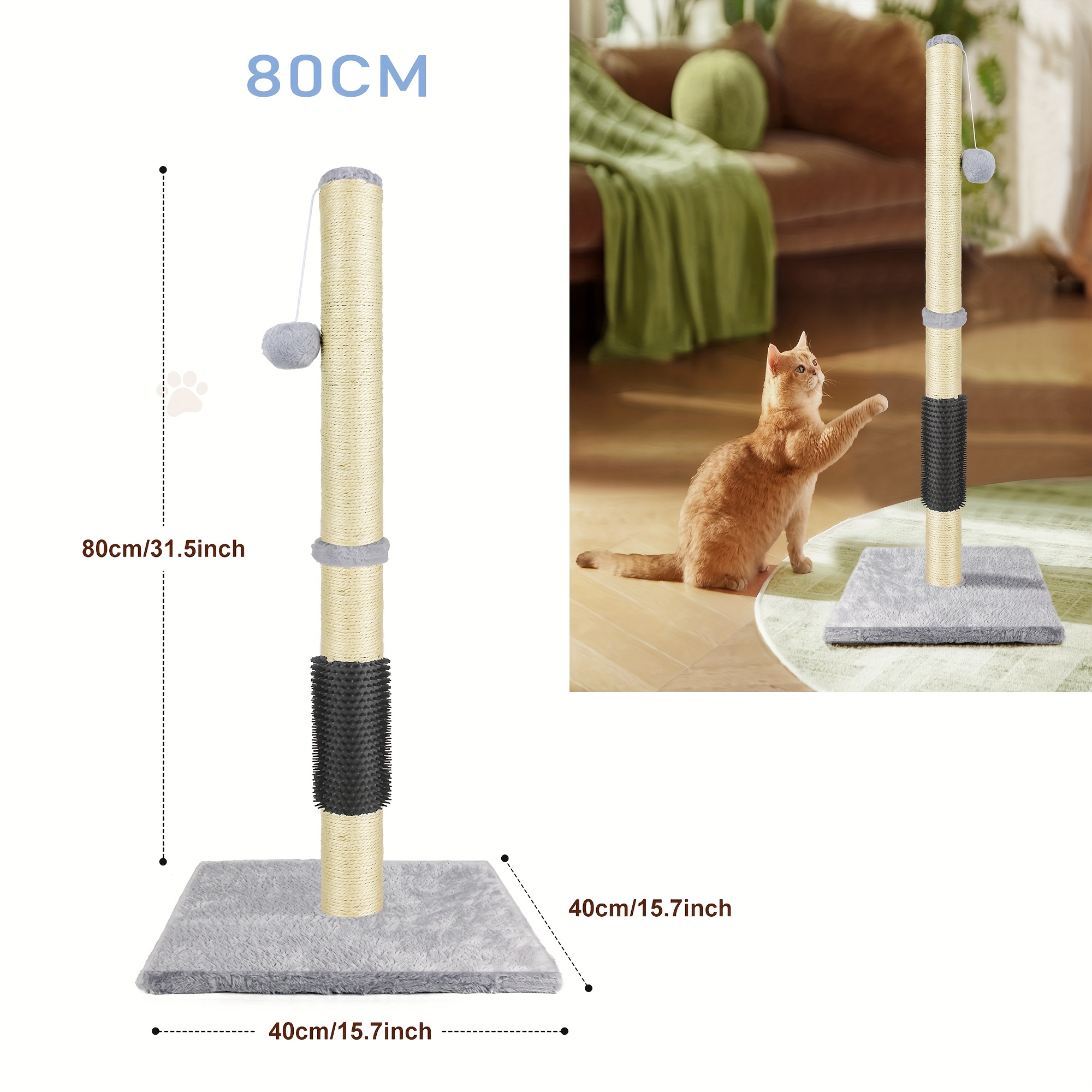 Cat Scratching Post, Cat Activity Centre, Kitten With Hanging Toys | Natural Sisal White | 80cm