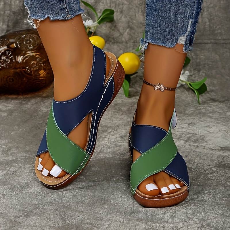 Women's Two-Tone Wedge Sandals - Open Toe, Chunky Heel, Faux Cover with Metallic Buckle Strap, Perfect for Beach, Party & Casual Outings, Beachwear Shoes | Durable Tpr Sole, Ladies Sandals