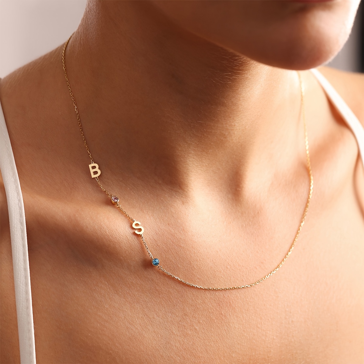 Personalized Women's Sideways Initial Birthstone Necklace