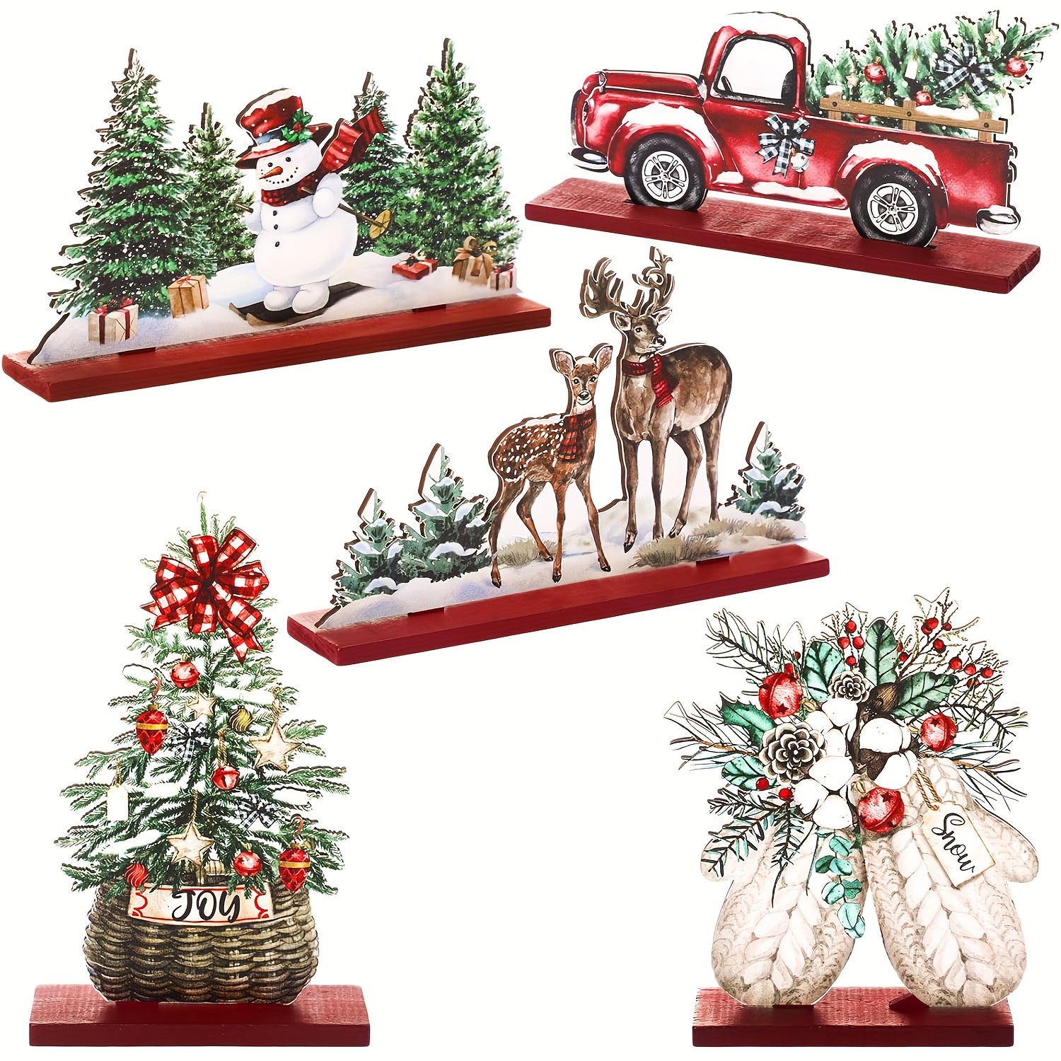 TEMU 5pcs Christmas Table Decor Set: Wooden Centerpiece, Joy Sign, Snowman, Reindeer, Gloves, Coffee Tray Decoration