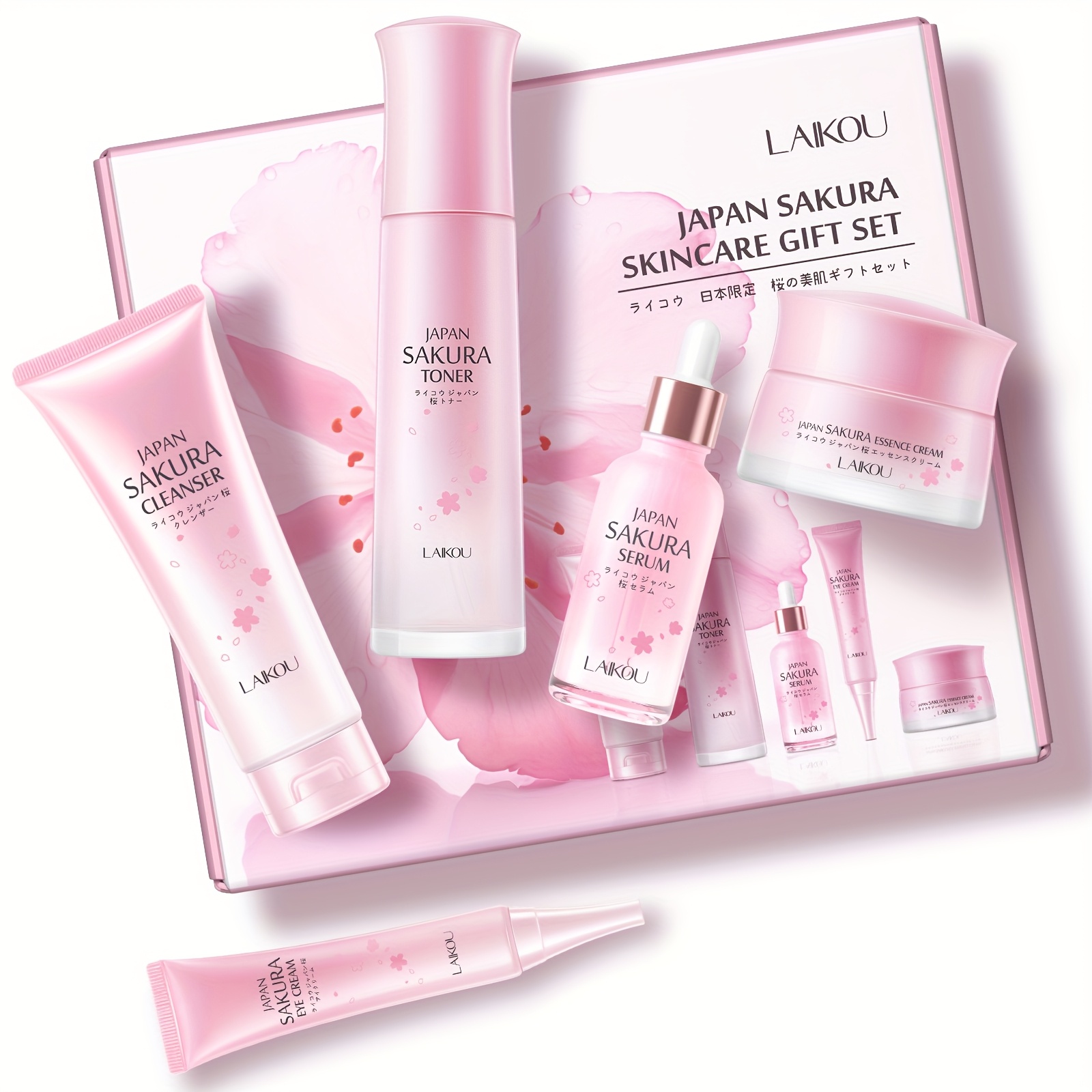 Poklon set za svakodnevnu njegu kože Sakura, uključuje gel za pranje lica 100g, tonik 120ml, serum 30ml, kremu za područje oko očiju 30g, dnevnu i noćnu masku za lice 50g, duboko hidratantno