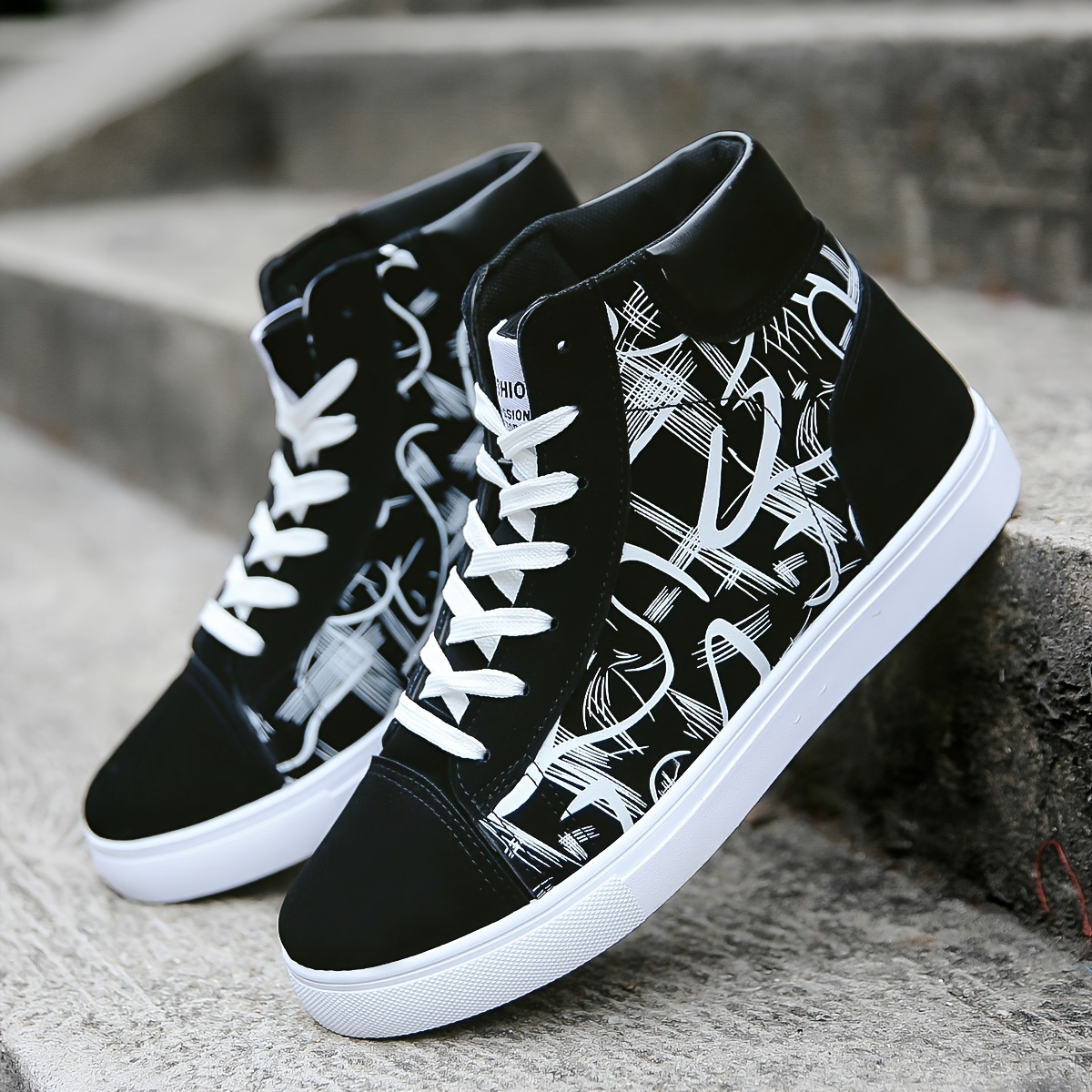 

Men' High-top Skate Sneakers - Comfortable, Non-slip With Street Graffiti Design, Lace-up Sneakers For Outdoor Walking, Jogging, Travel & Casual Activities - Pu Upper & Pvc Sole, Skate Shoes