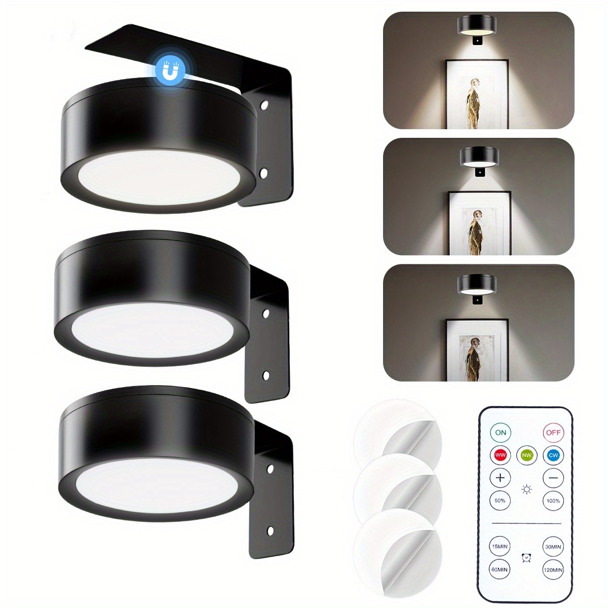 TEMU 3pcs Modern Magnetic Picture Lights Led With Remote, Dimmable Timer & 3 Lighting Suitable For Picture Frame Paintings, Wireless Wall Puck Lights