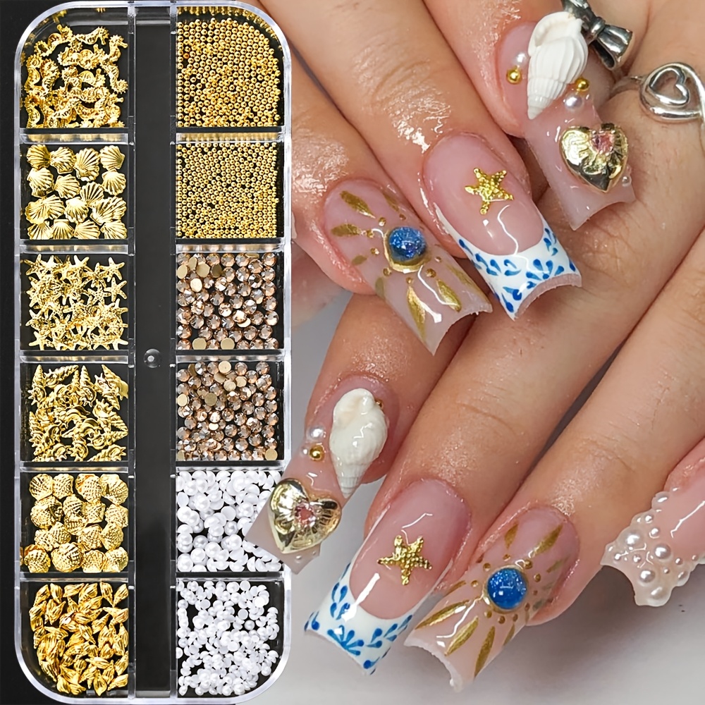TEMU Ciondoli per nail art a tema mare a 12 scomparti con borchie, perline dorate 3D, strass per unghie e beige, borchie per unghie in a , design con