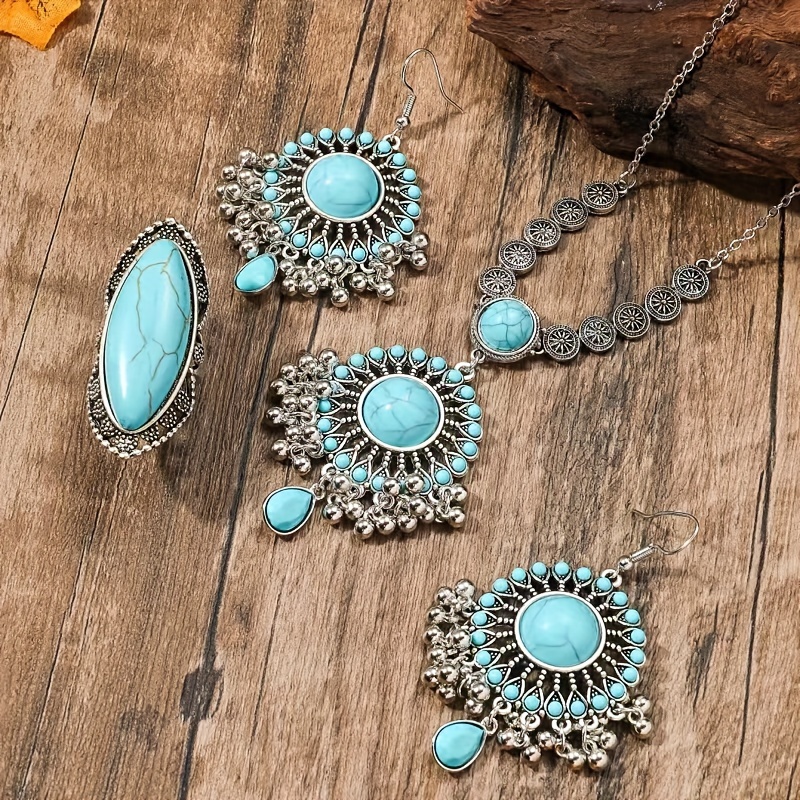  ethnic turquoise bohemian jewelry 3 piece set 1 pair of earrings 1 necklace 1 ring alloy a stylish feminine gift for her details 1