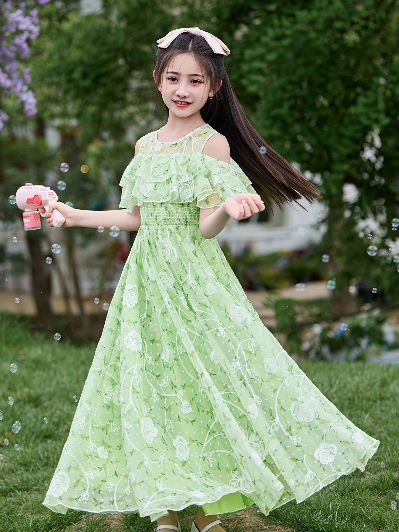 girls floral maxi dress summer shoulder green long dress - Temu Pakistan