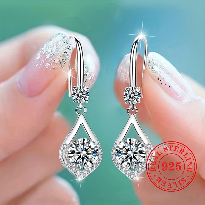 

925 Sterling Silver Bridal Wedding Dangle Earrings, Elegant Shiny Zirconia Drop Earrings For Women, Party Style Jewelry