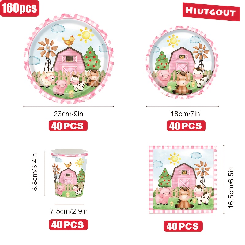 Hiutgowt 80/160pcs Farm Party Supplies Set - Pink Plaid Paper Plates, Napkins, Cups - Cow &amp; Farmhouse Themed Tableware for Birthday, Wedding, Shower - Serves 16/32 Guests - Christmas, Easter, Father&#39;S Day, Mother&#39;S Day, Graduation Decorations