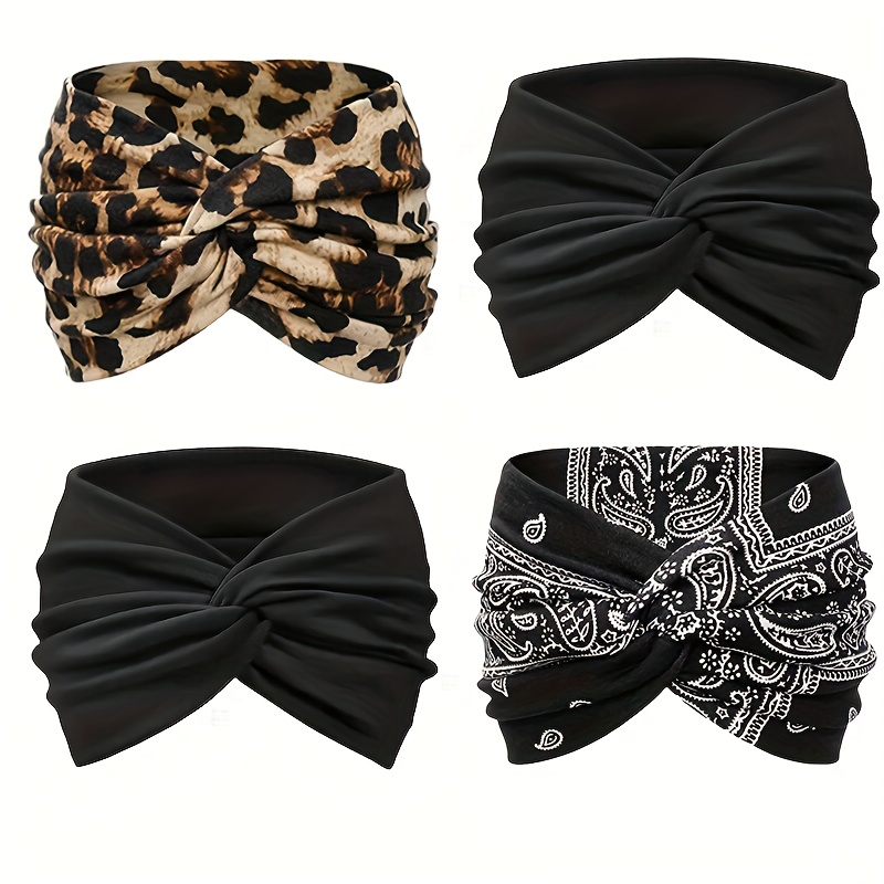 E-shop 4er-Pack Damen Boho Stirnbänder - Twist , Unifarben mit Schleife und Leoparden-/Tierdruck, Atmungsaktives Polyester für Yoga, Laufen, Workouts