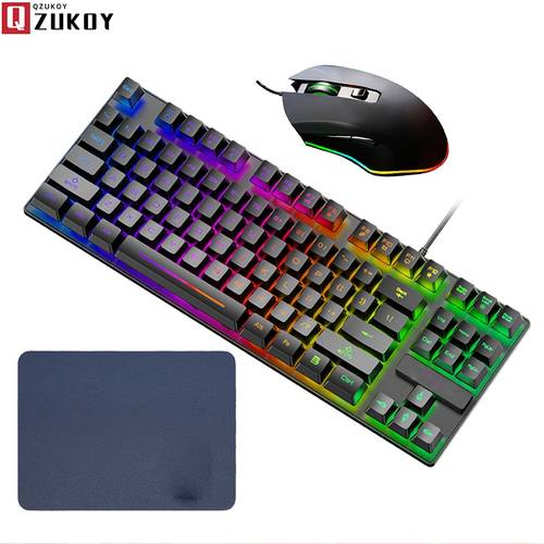 87 keys gaming keyboard and backlit mouse combo usb wired rainbow backlit keyboard and silent mouse for laptop pc computer game and work