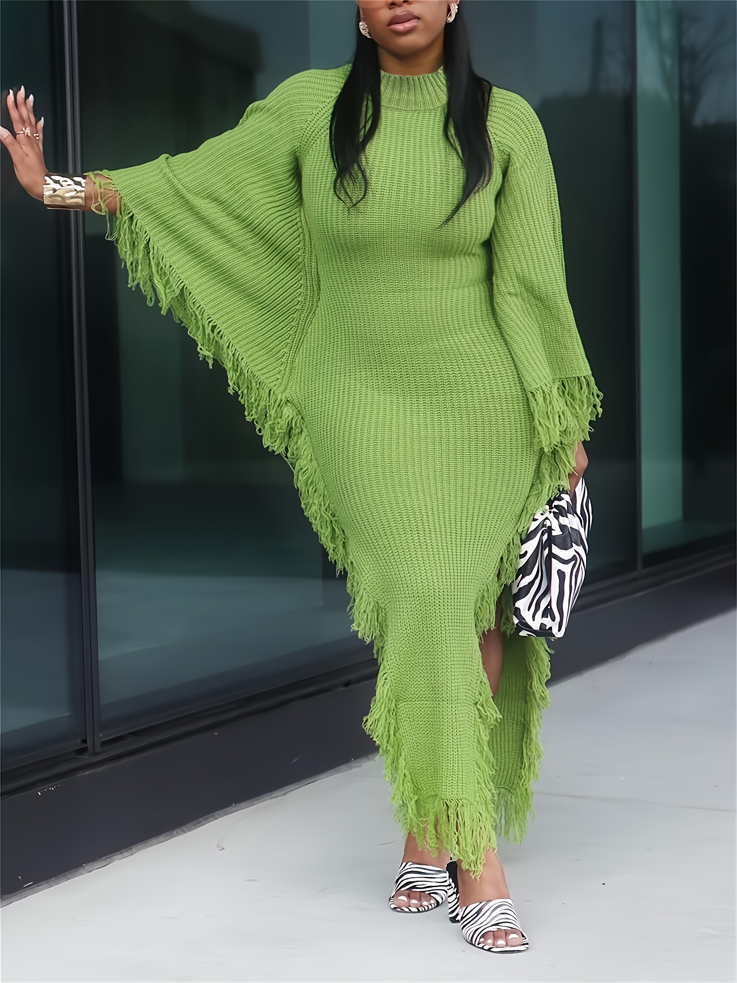a stylish batwing sweater dress women featuring fringe trim - Temu