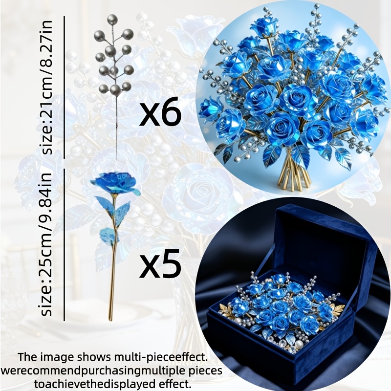 TEMU 11pcs Gold-plated Blue Roses With Silvery Berries Set, Artificial Crystal Flowers, Ideal For Valentine's Day, Thanksgiving, Mother's Day | Ideal