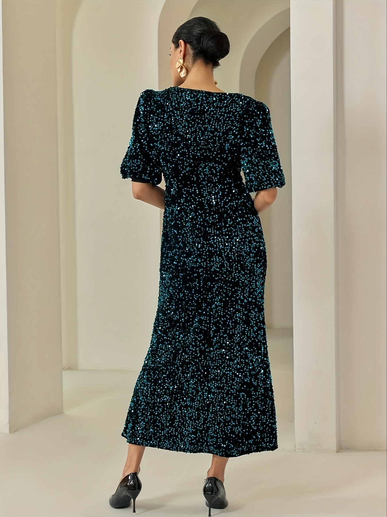 elegant solid color velvet sequin puff sleeve shimmering - Temu Hungary