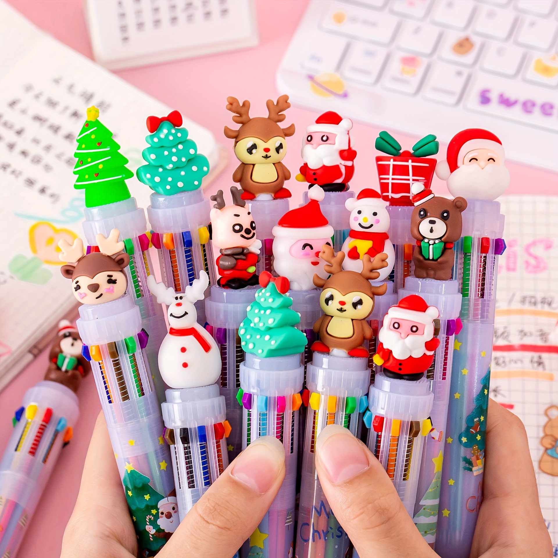 

10- Christmas Ballpoint Pens, Assorted , Ergonomic , Retractable, Mid- Tip, Plastic , For , , Supplies