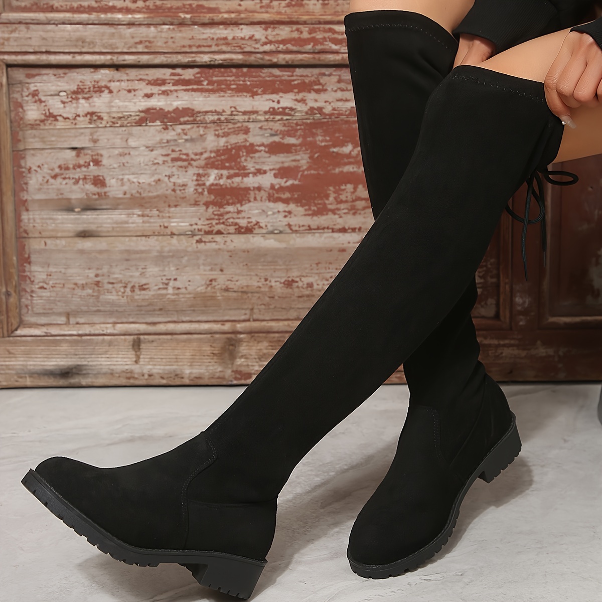 

Bottes noires pour femmes - Plateforme ronde à talon moyen avec fermeture à , tissu uni et doublure en synthétique, semelle en caoutchouc, entretien facile lavable à la main