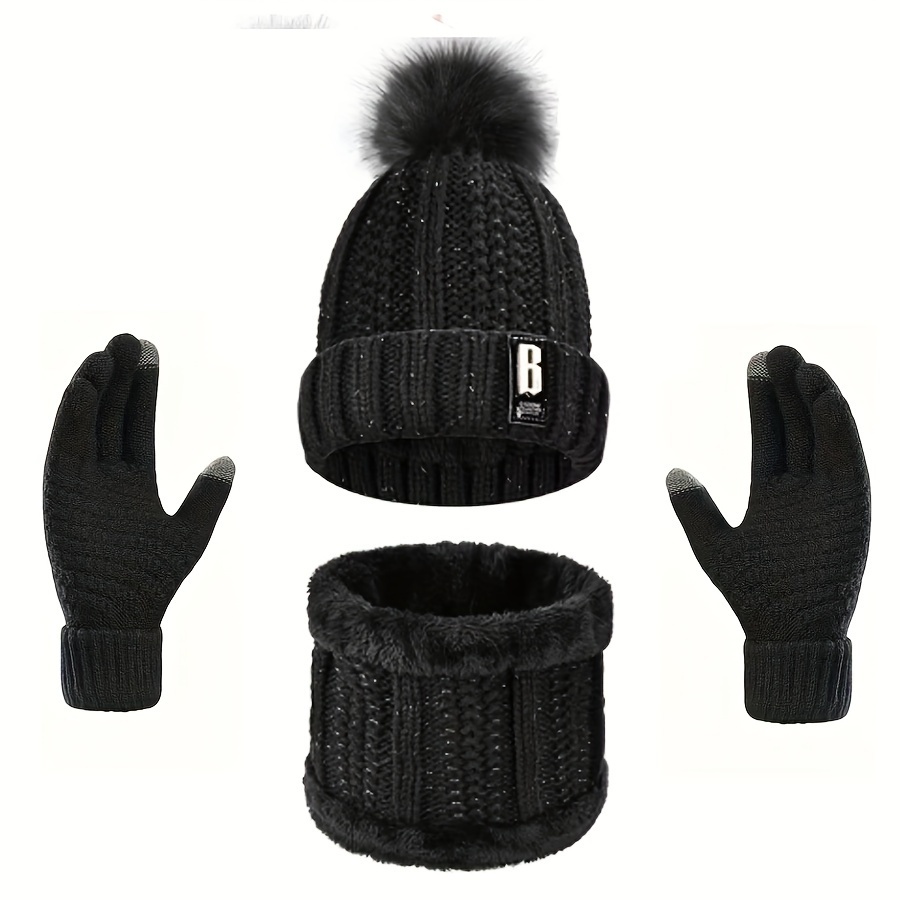 

3pcs Men's Winter Set - Knitted Beanie, Scarf, And Gloves With Plush Lining, , Comfortable Polyester Sports Style Accessories For Autumn And Winter