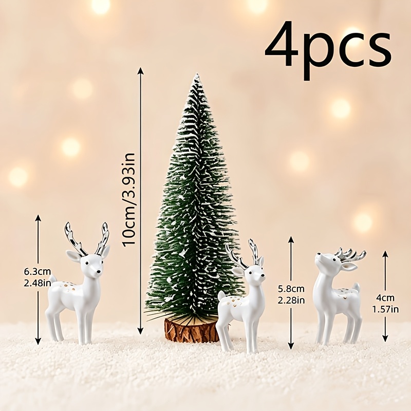 TEMU 4pcs Set Of Christmas Fawn Figurines With A Snowy Green Christmas Tree, Small-sized Forest Winter Desktop Decoration, Design. Suitable For Home,