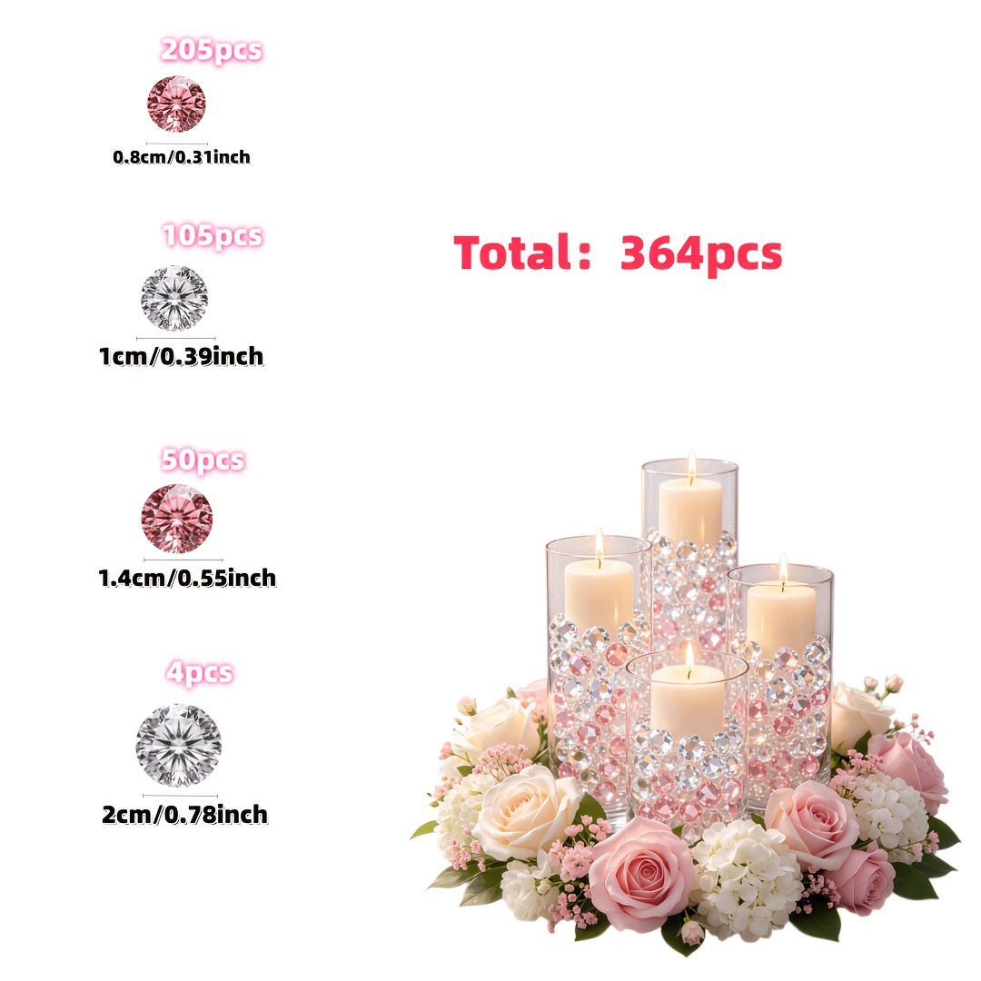 TEMU 364pcs Large Diamond Decorations, Clear Fake Diamonds Vase Fillers, Pink Acrylic Crystal Gems For Wedding Table Scatters Party Decor,