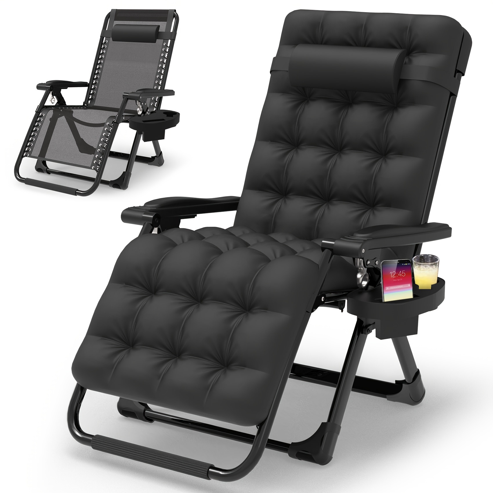 

0 Gravity Chair, Reclining Camping Lounge Chair W/removable Cushion, Upgraded Lock And Cup Holder, Reclining Patio Chairs Folding Recliner For Outdoor Only