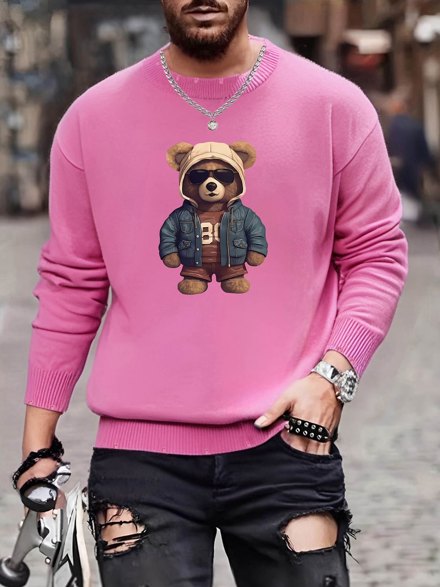 Men's Long Sleeve Ripped Sweater - Crewneck, Drop Shoulder, Hollow Out Ribbed Knit Pullover Top