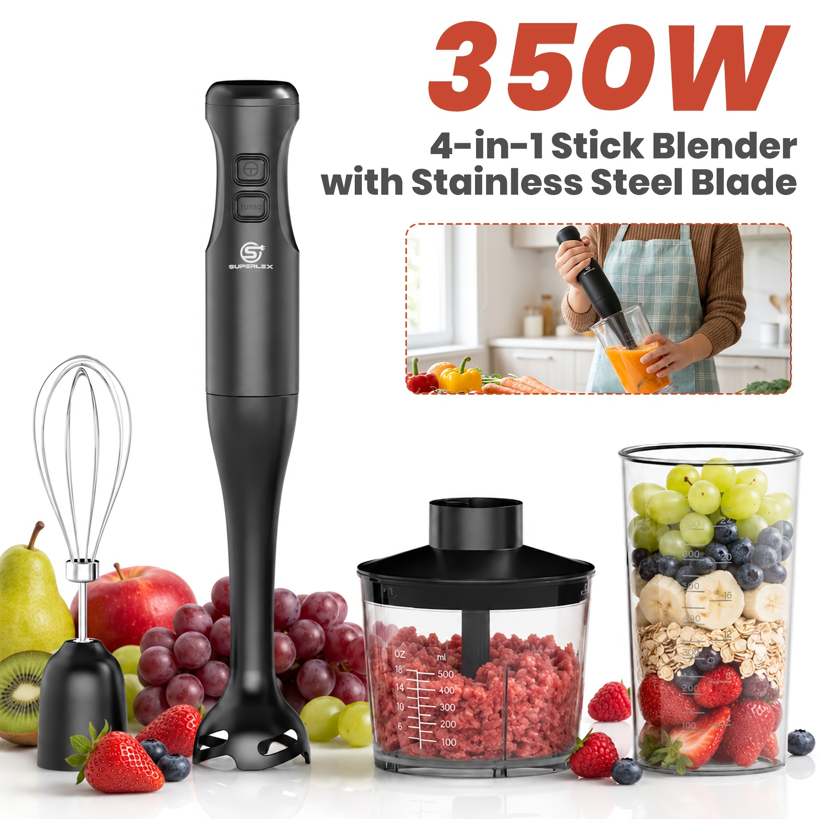 Image of Superlex 4-in-1 Stick Blender 350w, 2-speed Handheld Blender With Detachable Stainless Steel Blade & Copper Motor, Body, Blender For Soups, Smoothies, Baby Food & Purees