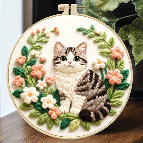 a beginners embroidery kit featuring a cute striped cat in a pattern this needlework set embroidery thread printed fabric and an manual perfect as an art decoration handmade gift home wall