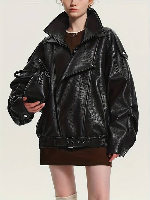jaqueta de outono/inverno para mulheres, corte vintage com em pu para motocicleta