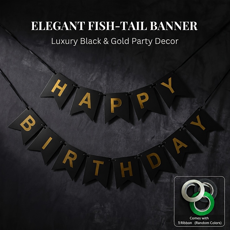 TEMU 2pcs Black And Golden Birthday Theme Party Pennant Banner Streamer Decoration Set With 1 Random Color Ribbon