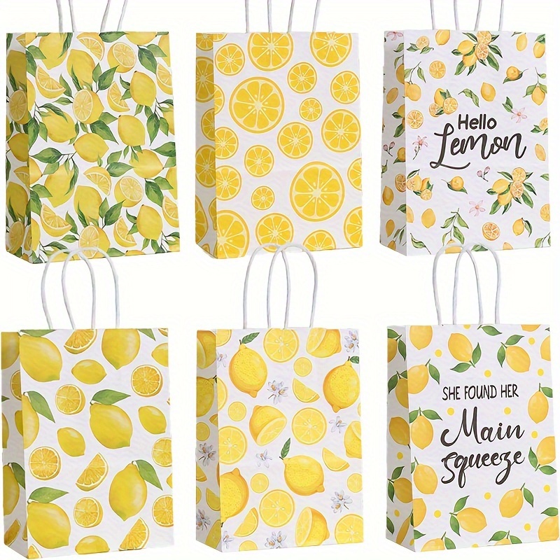 

12-piece Lemon & Fruit Themed Kraft Paper Tote Bags - Perfect For Birthday Gifts, Party Favors, Shopping & Bridesmaid Presents