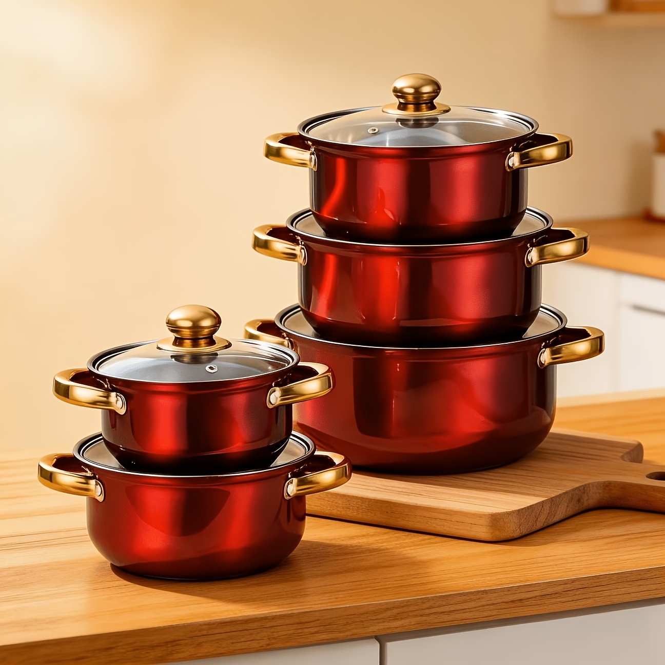 TEMU Set de 5 pièces de batterie de cuisine en acier inoxydable bordeaux avec couvercles en verre trempé et poignées dorées. Marmites multi-tailles,