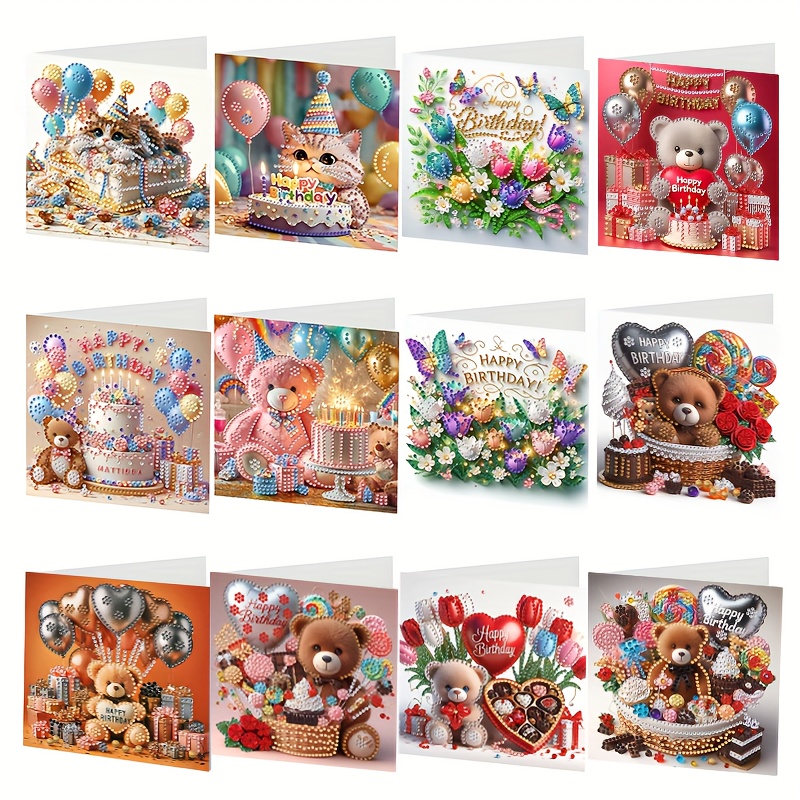 TEMU 12 stuks Verjaardag Diamant Schilderij Wenskaart Set met 6 Unieke Taarten & Knuffelbeertjes Ontwerpen - Onregelmatige/Ronde Dieren, Handgemaakte