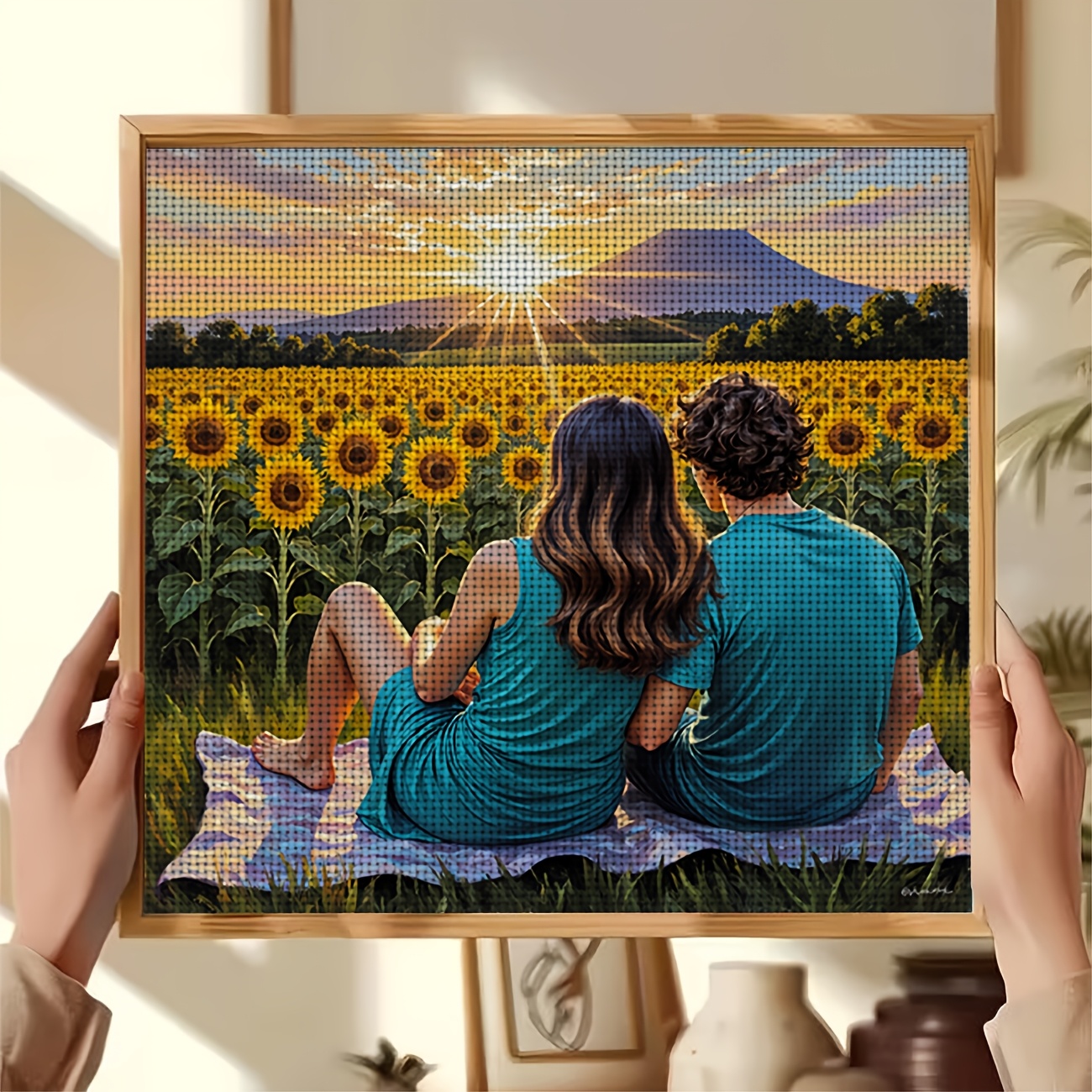 DIY Cross-Stitch Printed Kit "Two People in a Sunflower Field" for Beginners