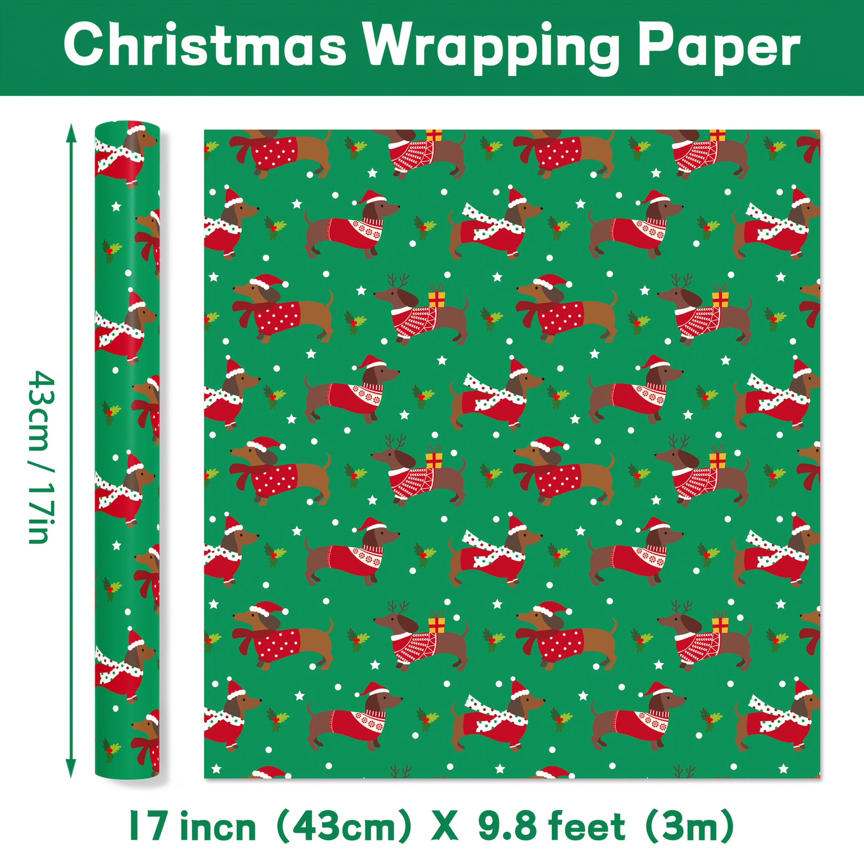 Image of 1 Roll Dachshund Dog Christmas Wrapping Paper Roll - 17 Inch X 9.8feet - Green Dachshund Dog Wrapping For Christmas Birthday, Dog Lover