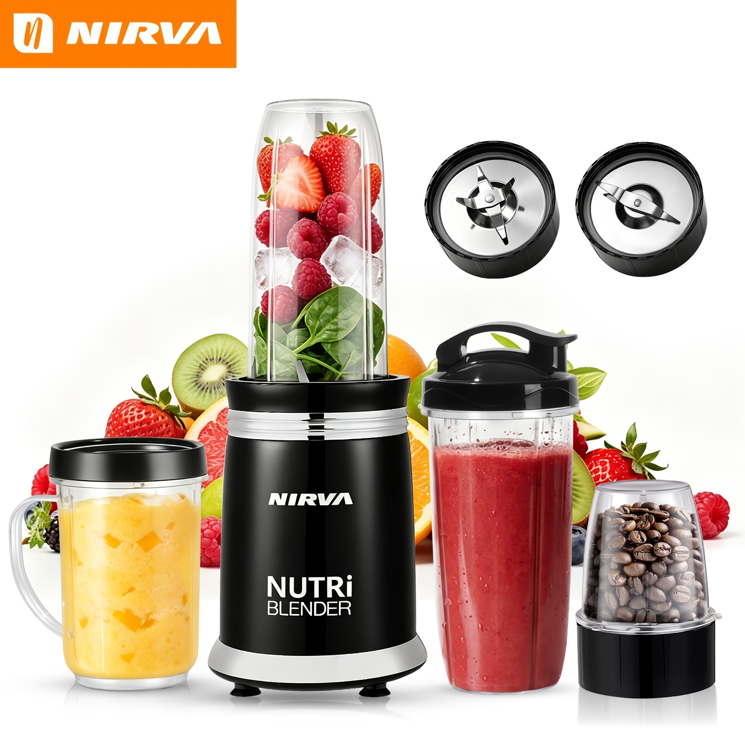 TEMU Kit Combiné 4 en 1 NIRVA Blender Moderne , Moteur Puissant de 380W, Double Lames en Acier Inoxydable, Machine à Smoothie Portable, Extracteur de