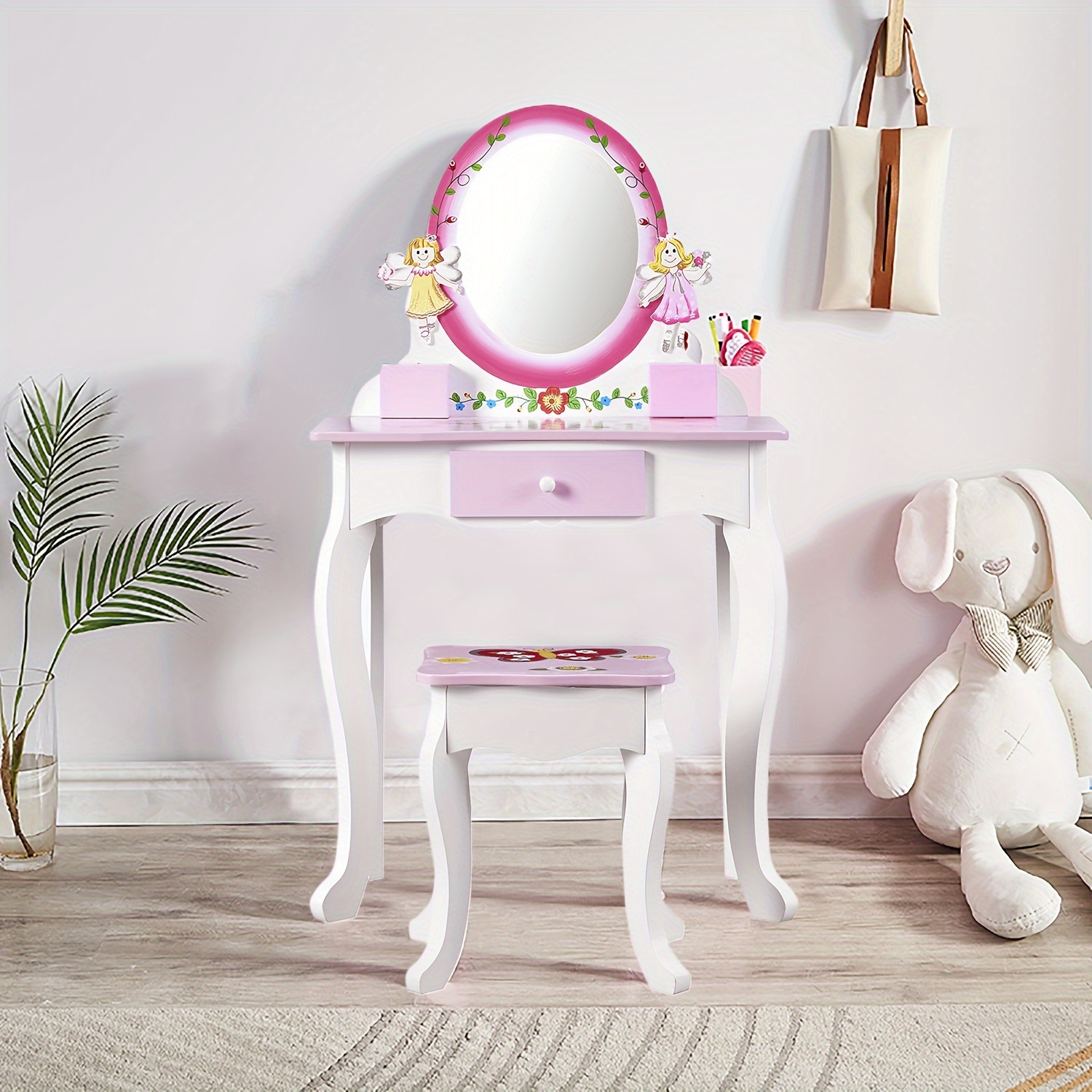 Kids Vanity Set - Princess Deluxe Vanity Table Set 2-in-1 Wooden Writing Desk & Stool, Mirror & Drawer, Perfect for Kids' Pretend Play, Developing Creativity And Fine Motor Skills, Durable Construction, Easy to Assemble, Best for Girls Christmas Gift