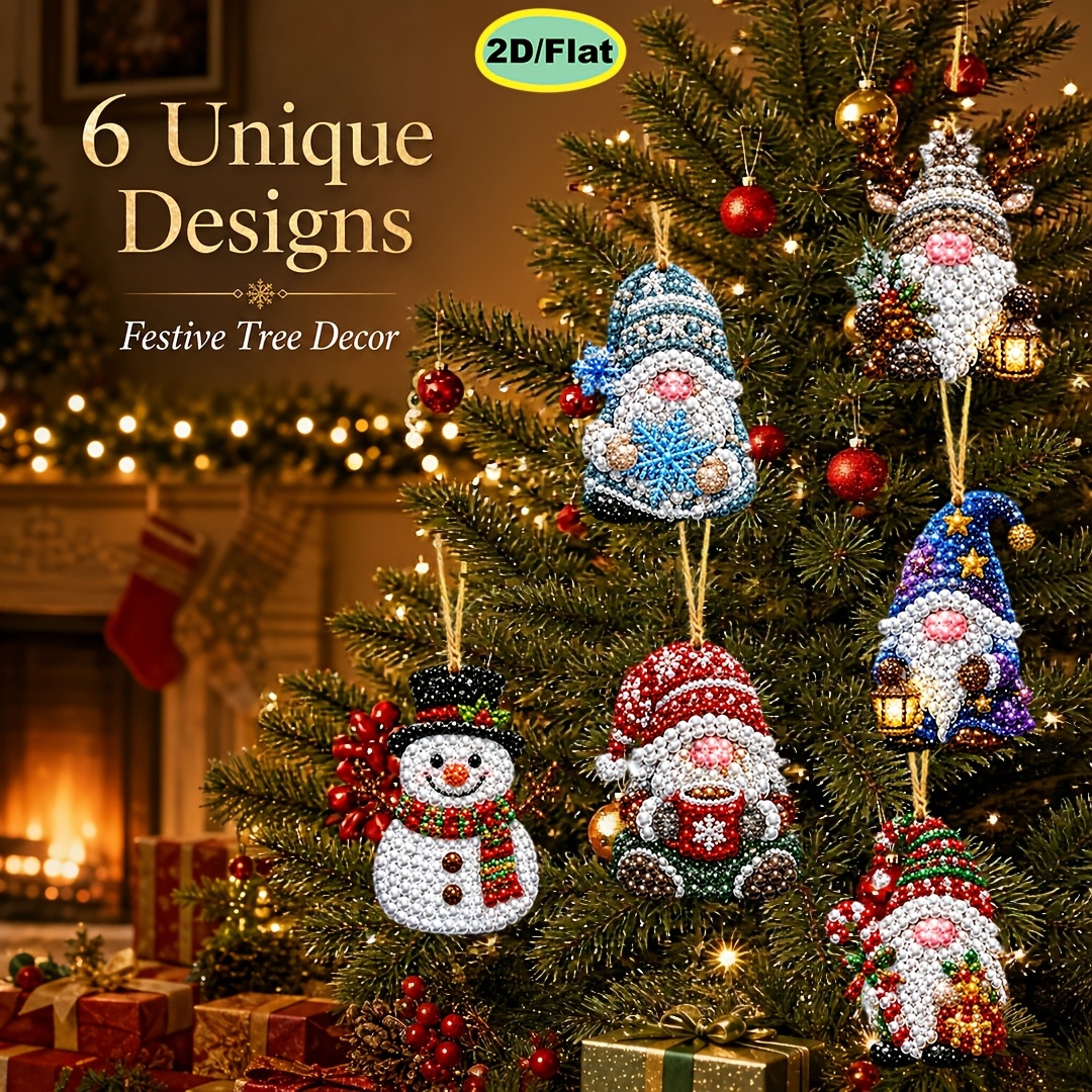 TEMU 6pcs Diamond Painting Kit, Diy Pearl Christmas Gnome Snowman Wooden Hanging Tag Ornament, 2d , Beginner Stress-relief Craft, Christmas Tree