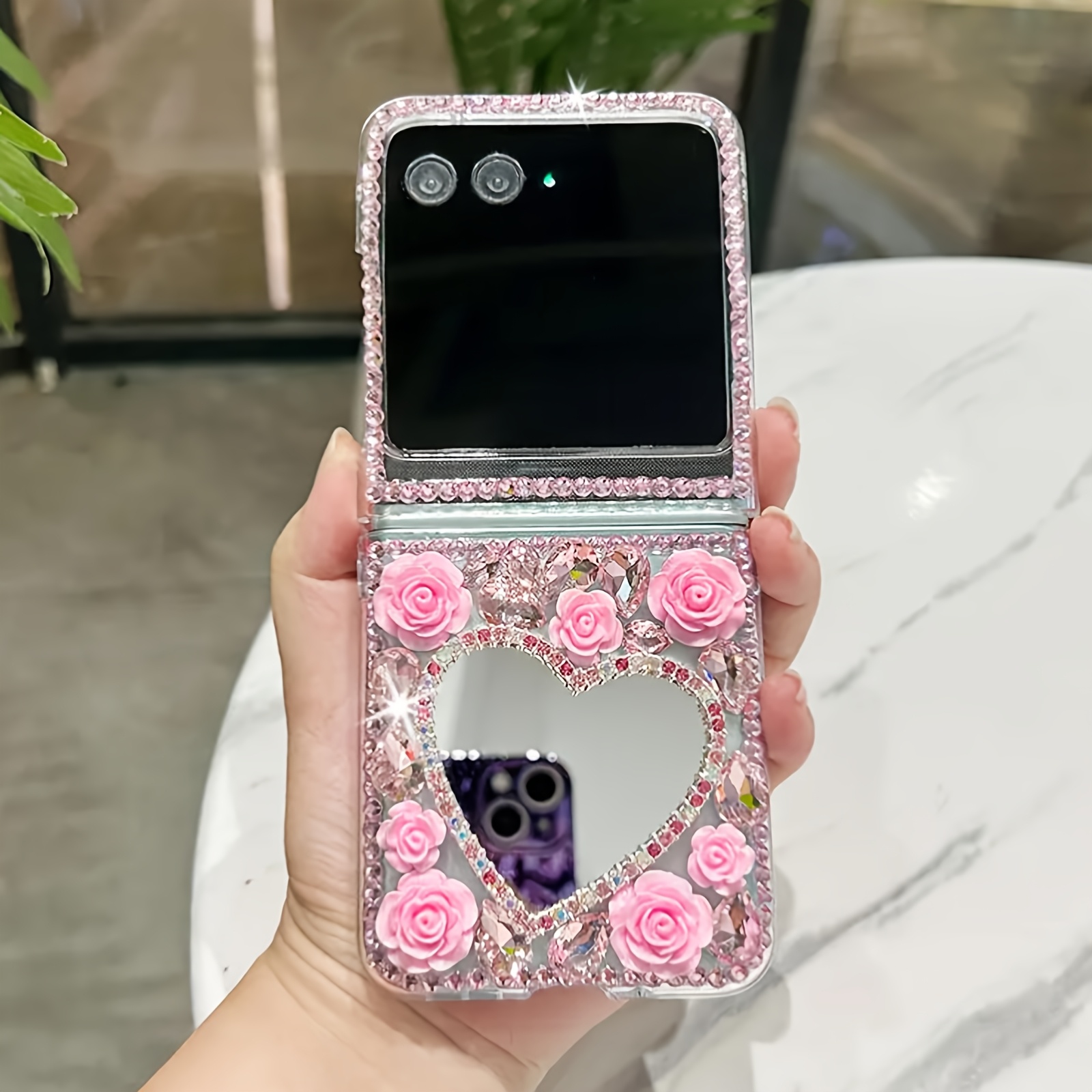 TEMU Phone Case - High-end Pink Floral Heart-shaped Mirror Folding Phone Case For Galaxy Z Flip 3 4 5 6 7