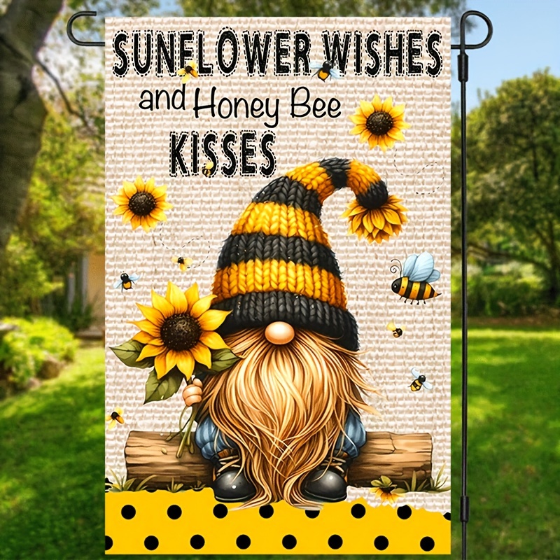 

1pc, Gnome Sunflower And Honey Bee Print Garden Flag, Summer Fall Yard Flag, Seasonal Decorations For Indoor And Outdoor Vertical Burlap Waterproof Banner 12*18inch