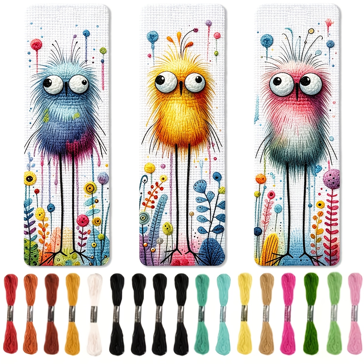 TEMU Kit de 3 marque-pages à broder au point de croix imprimé 11CT, motif d'oiseau à longue queue duveteux, pack de matériel de broderie DIY, inclut
