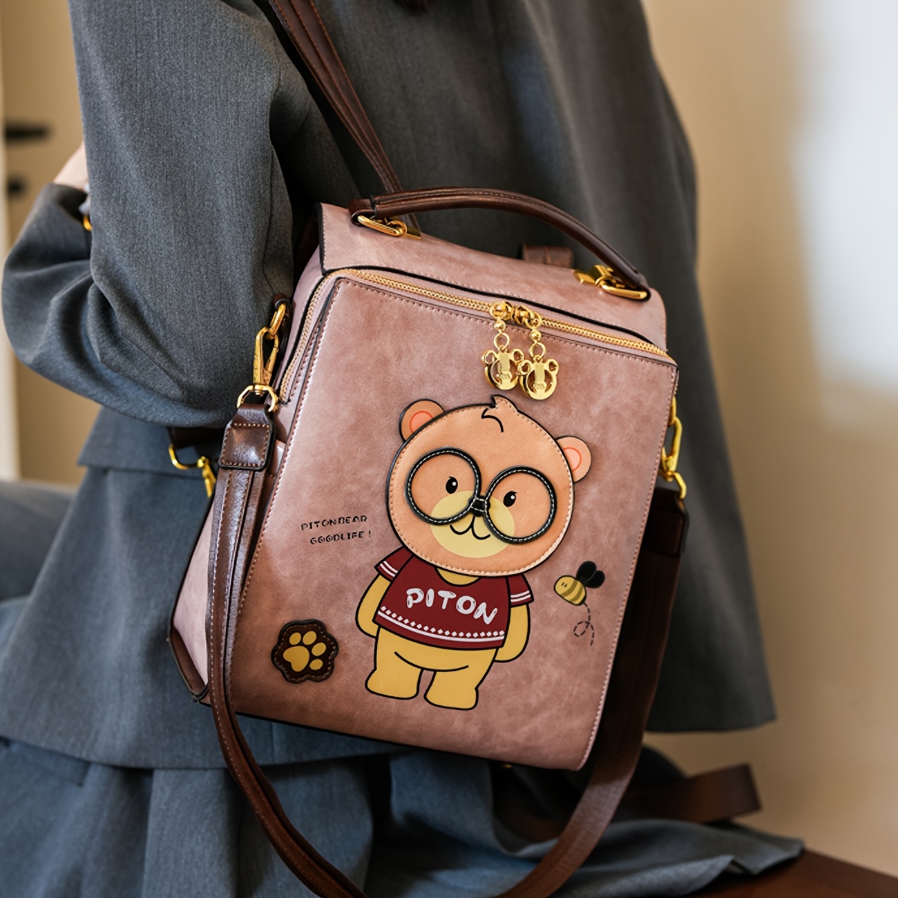 Pitbull Character Tote Bag Adjustable Strap, Zipper Closure, Polyester  Lining, Light Brown with Golden Accents, Casual Travel Bag for